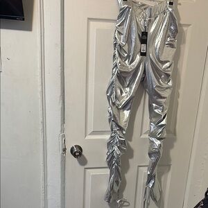 Silver Metallic Ruched Pants